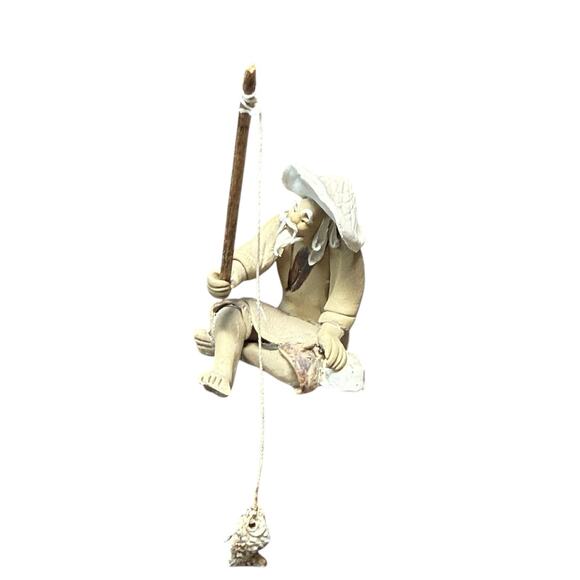 Chinese Shiwan Fisherman Figurine Mudman Fishing Pole Oriental Clay Pottery 2" - Picture 3 of 13